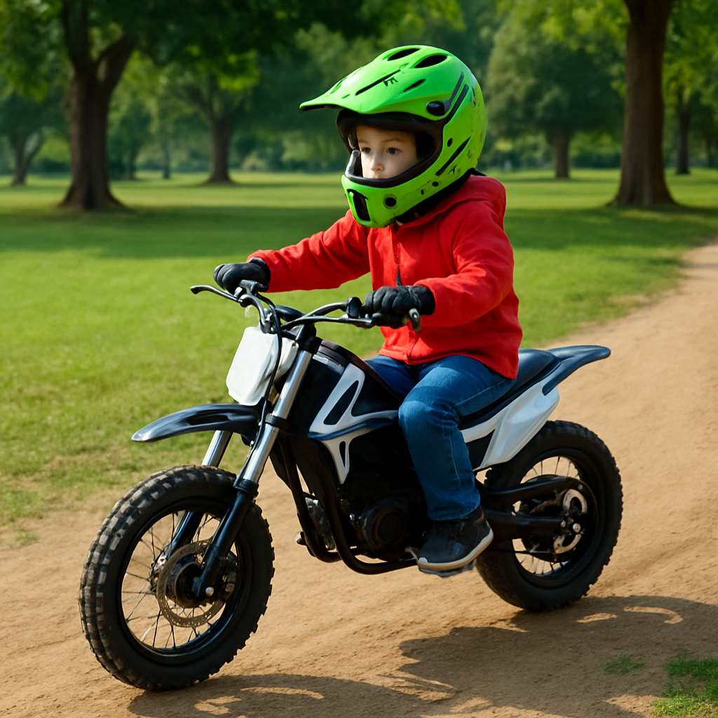 A child riding an electric dirt bike in a park
