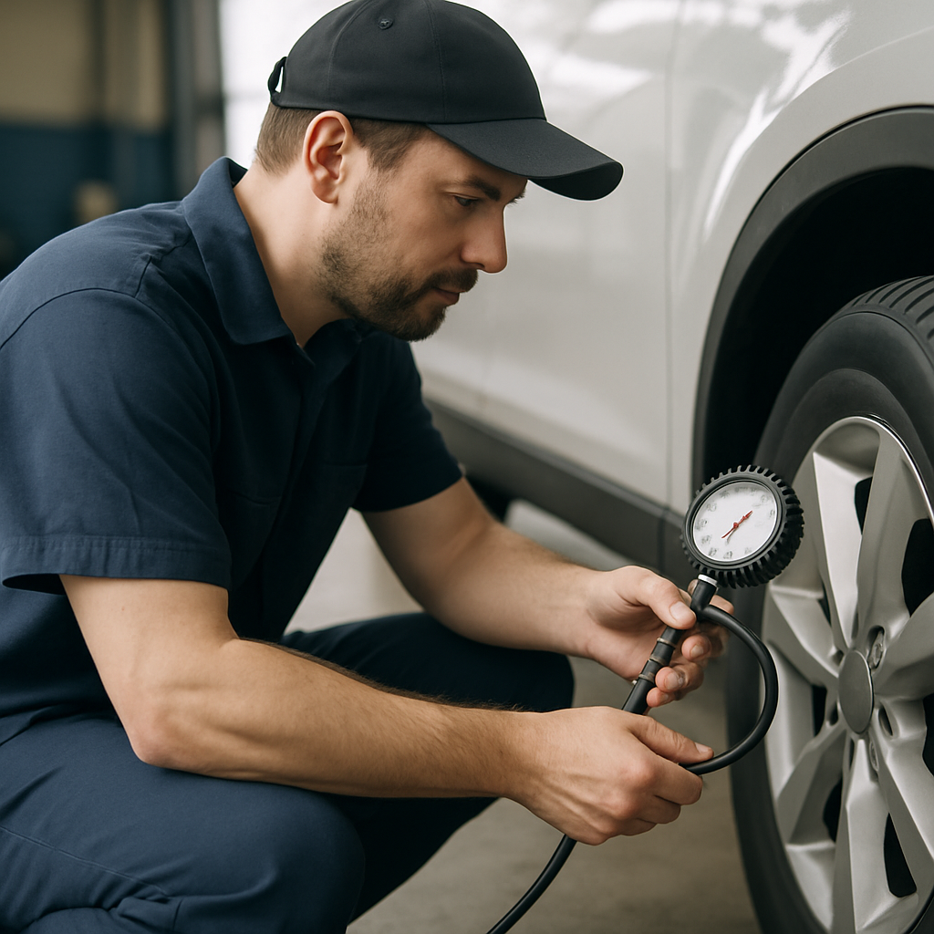 Mechanic checking a car's tire pressure