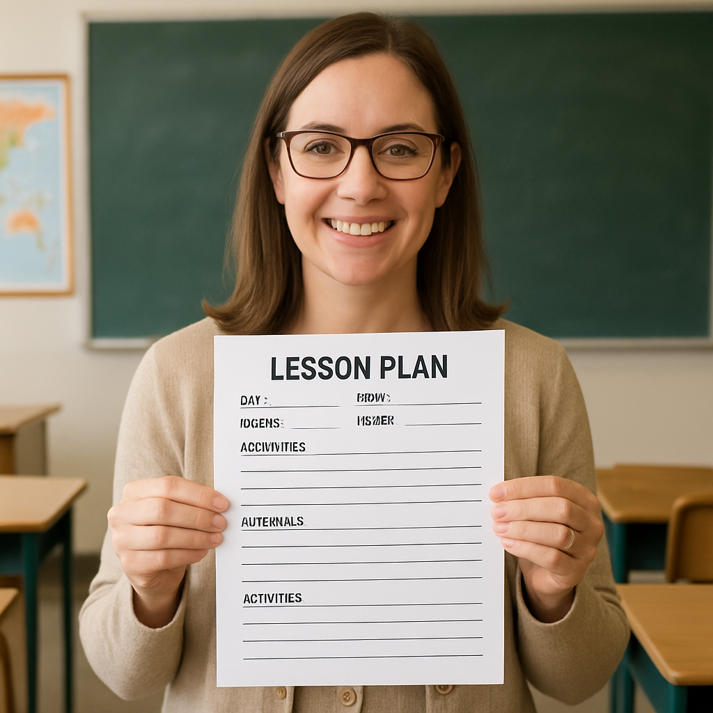 teacher with lesson plan template in classroom