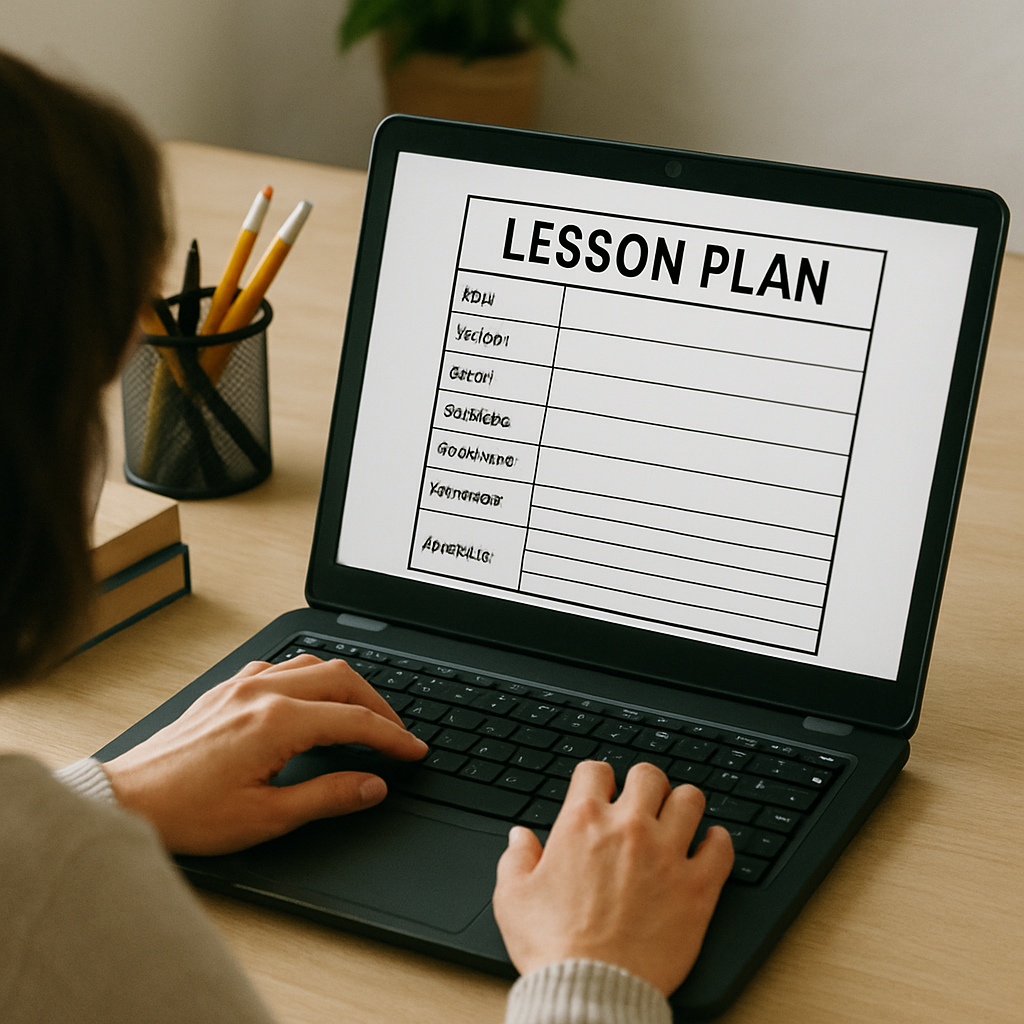 teacher customizing lesson plan template on a laptop