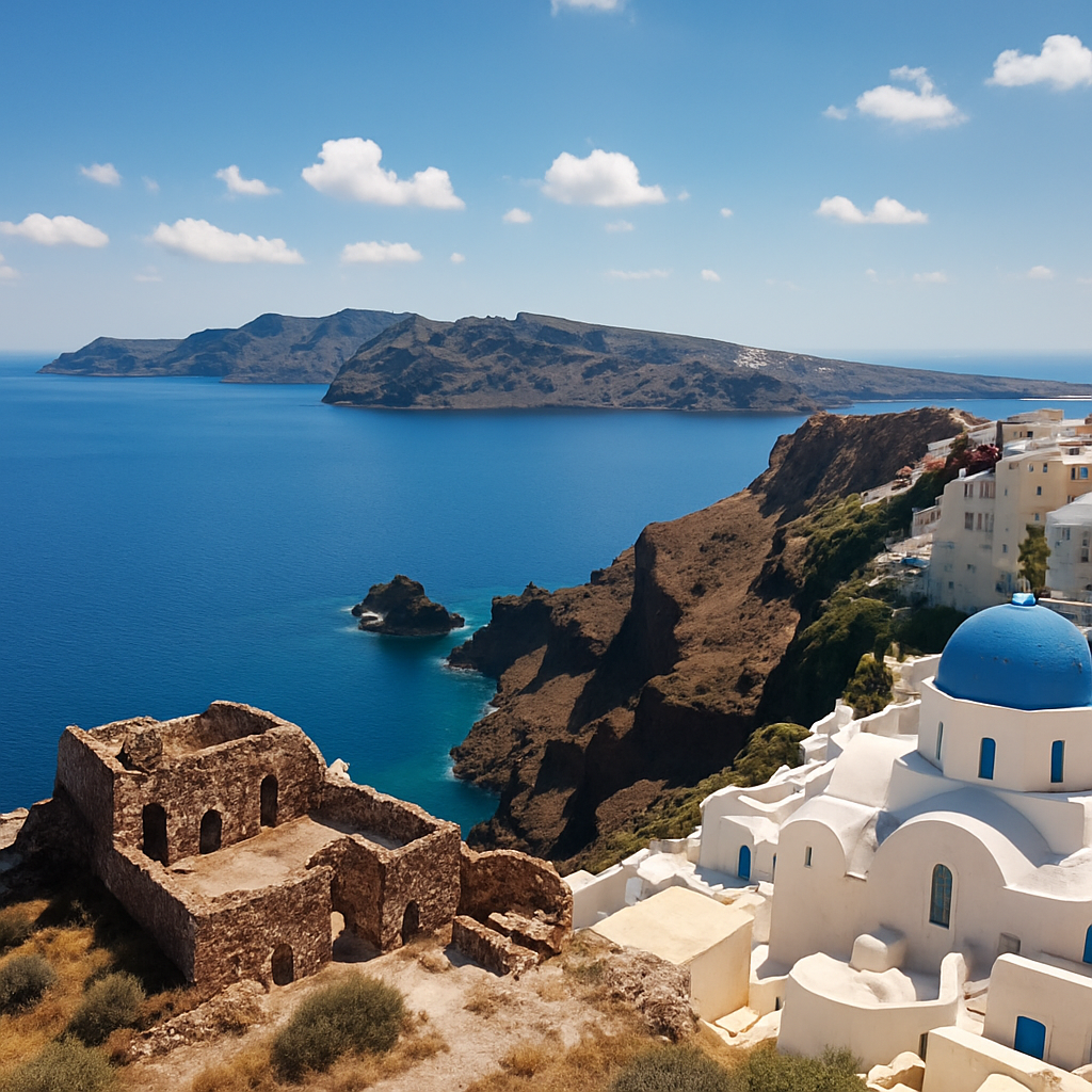 Panoramic view of a Greek island showcasing vibrant blue waters and a historic site