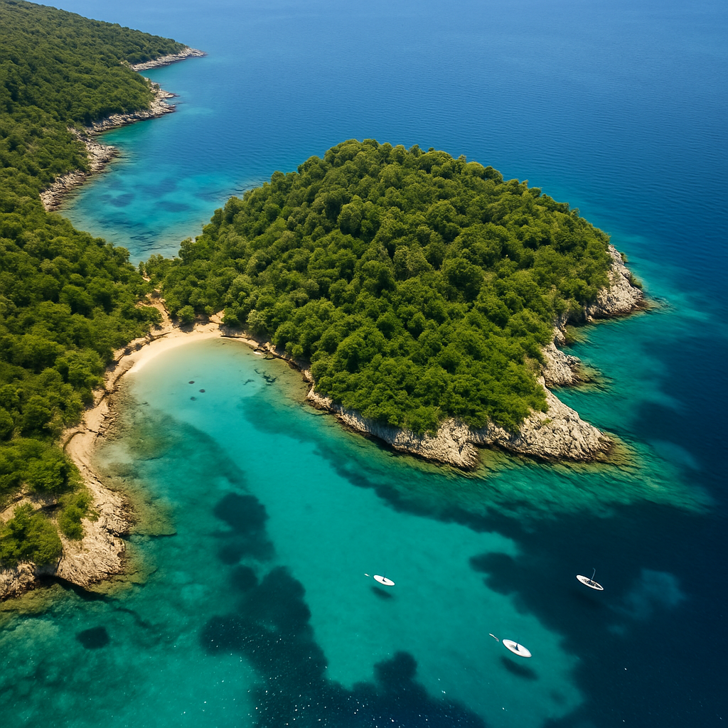 Aerial view of a beautiful Greek island with crystal-clear waters and lush greenery