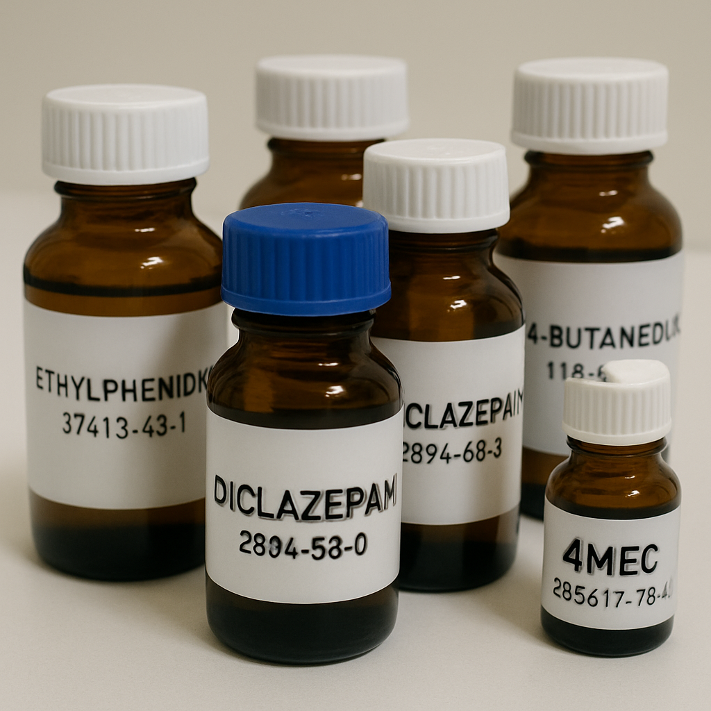 Image of various research chemicals in laboratory bottles