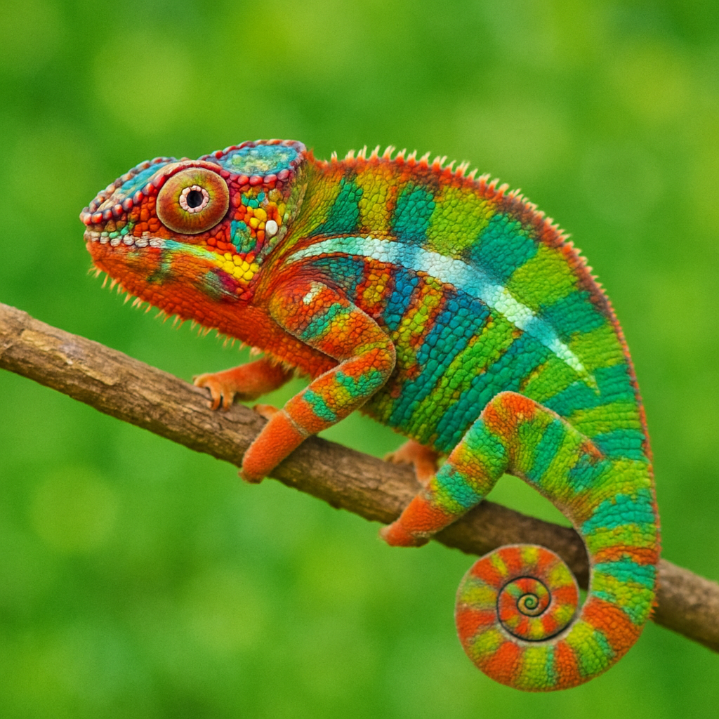 A colorful chameleon perched on a branch against a lush green background