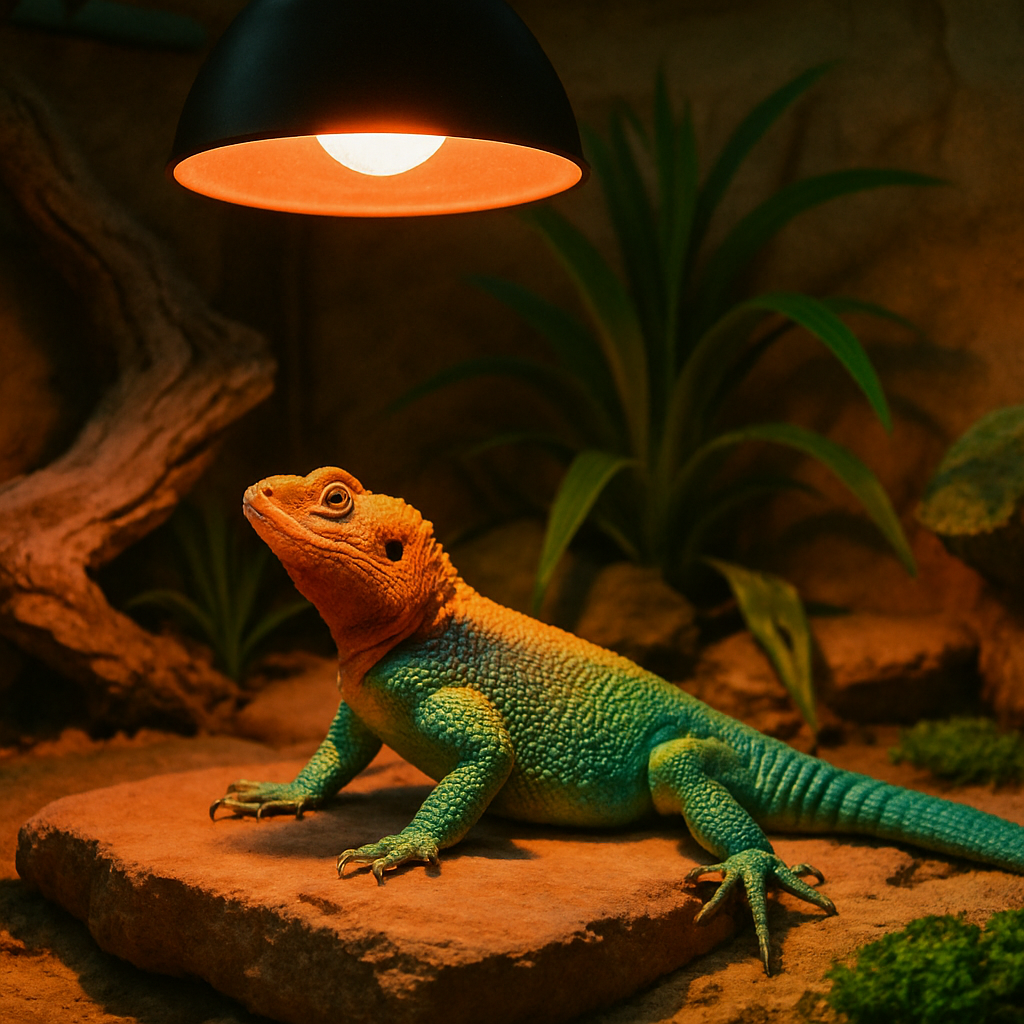 A colorful reptile basking under a heat lamp in a well-designed enclosure