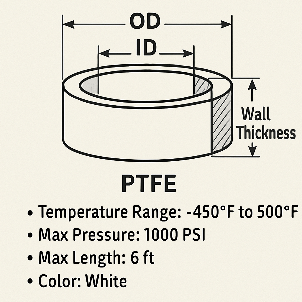 Diagram of PTFE pipe dimensions and specifications