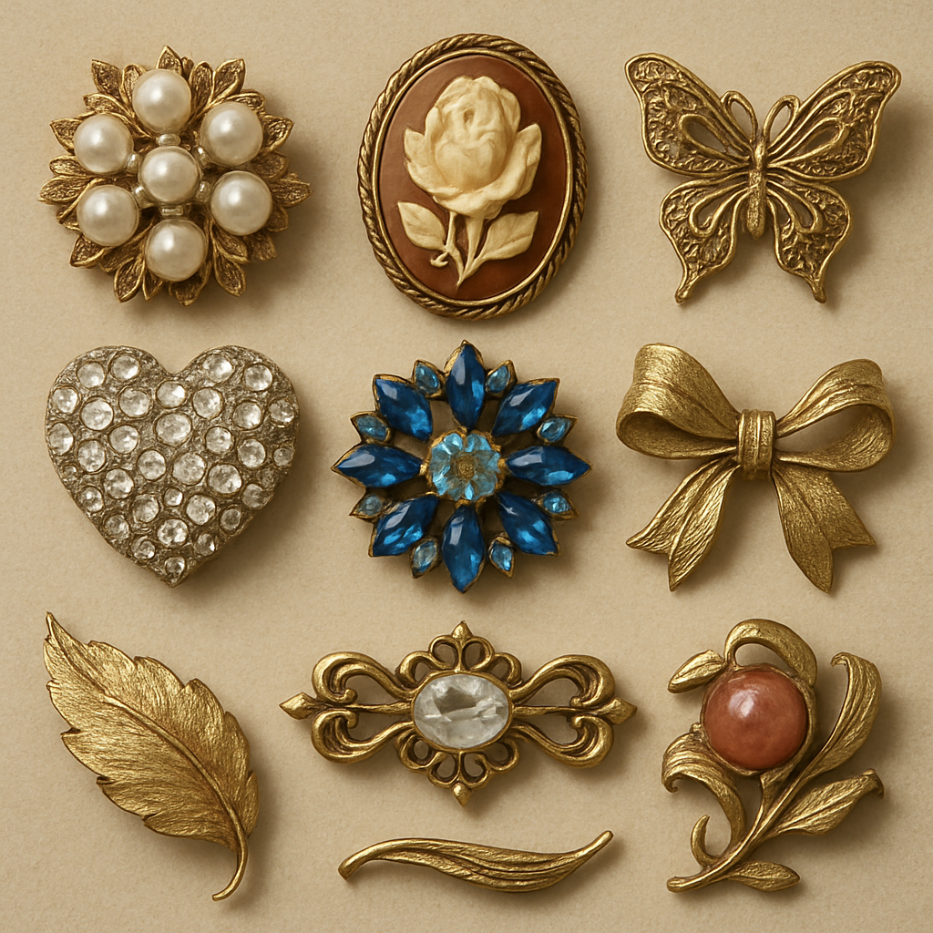 A collection of vintage brooches on display