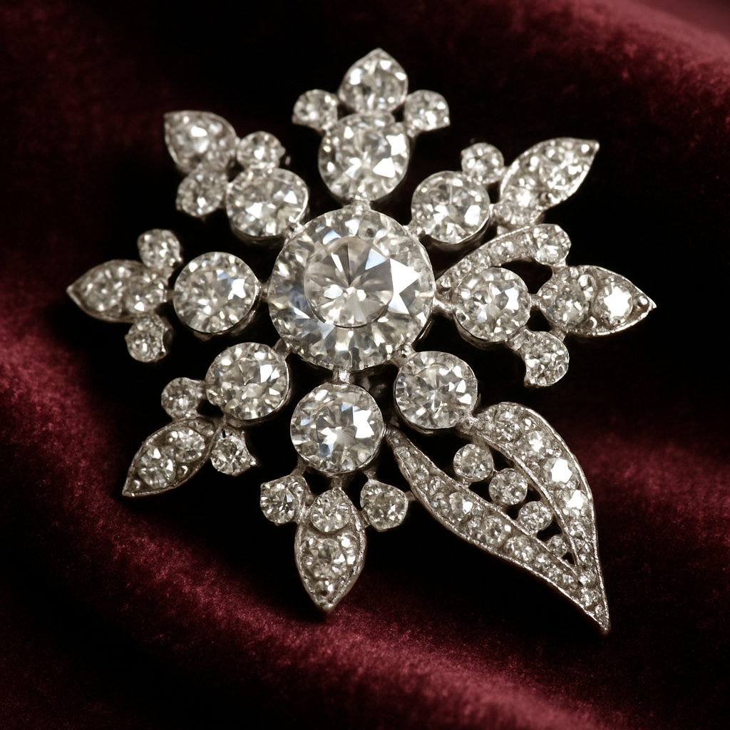 Close-up of a diamond brooch on velvet