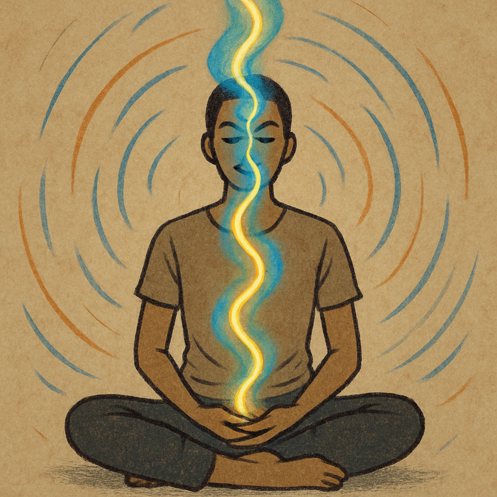 Person meditating with energy flow visualization