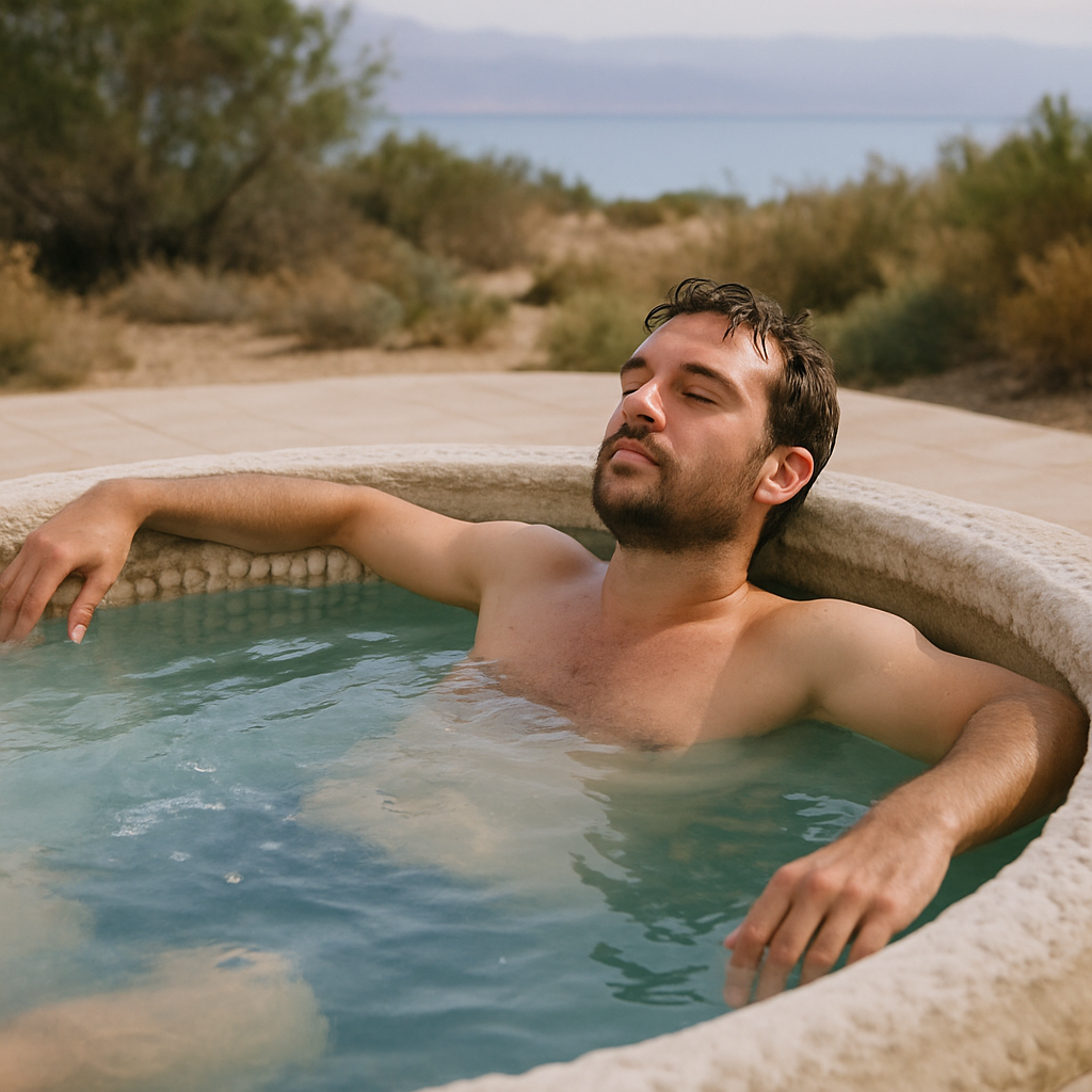 Person relaxing in a salt water hot tub