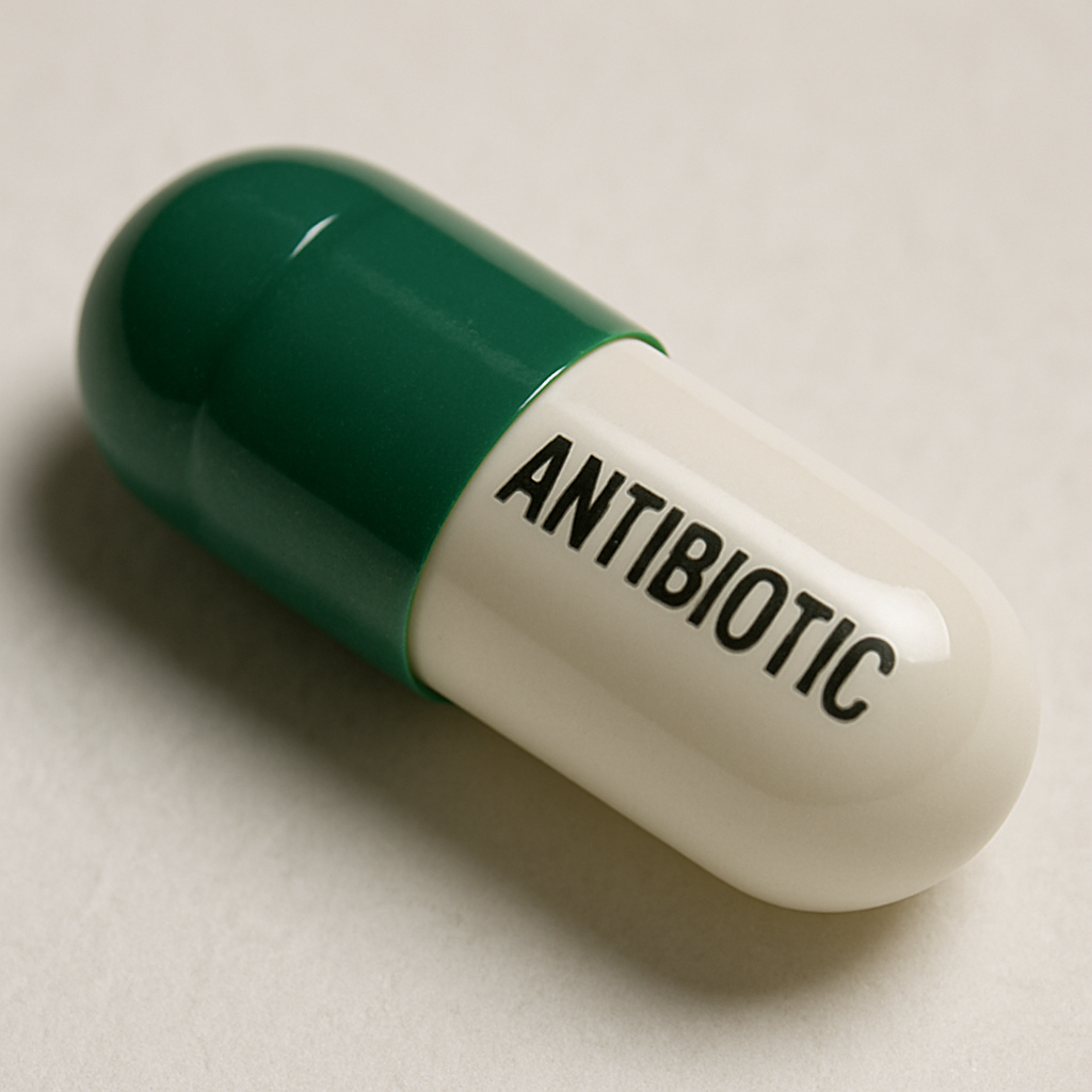 Close-up of green and white capsule antibiotics