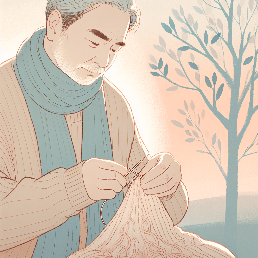 The man is in deep reflection, knitting. He is wearing a blue scarf. Orange background. There is a blue tree to the right.