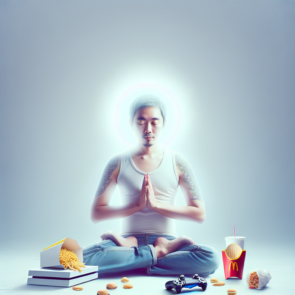 The man meditating in the lotus pose. Blue background. Food items are scattered around him on the floor. The gaming controller is in front of him.