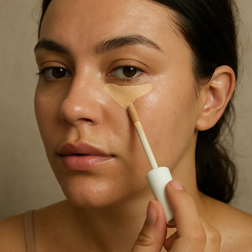 Woman applying concealer on oily skin