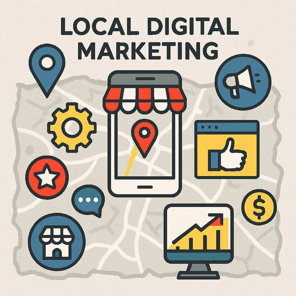 A map with digital marketing icons representing local digital marketing concepts