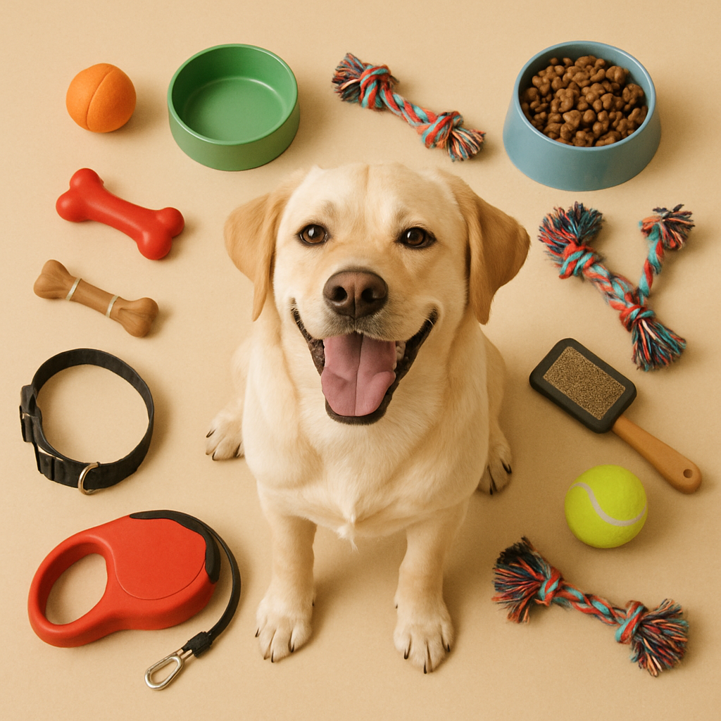 A happy dog surrounded by various pet supplies