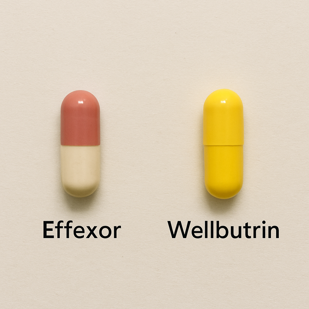 Two different colored pills representing Effexor and Wellbutrin