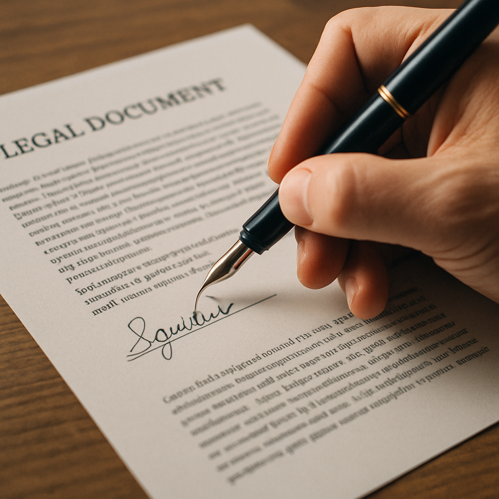 Close-up of a hand signing a legal document