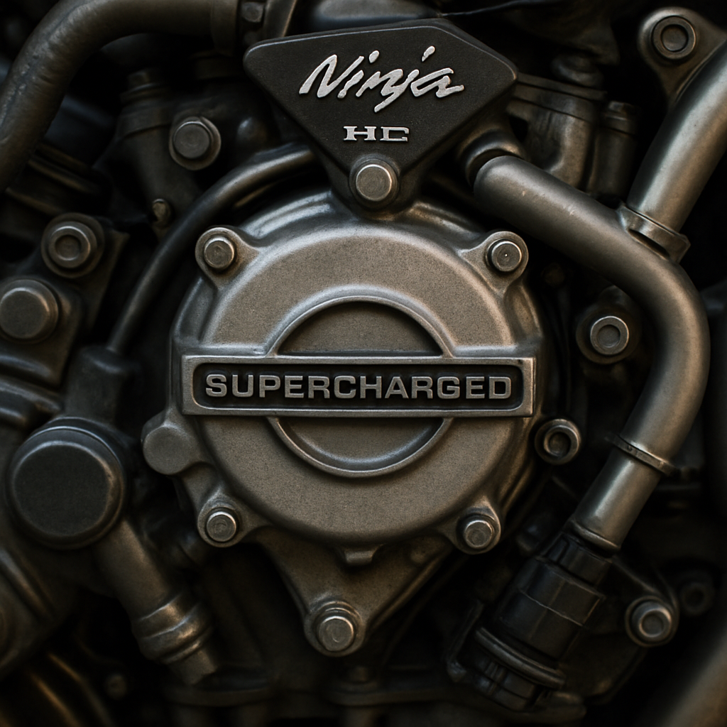 Close-up of a Ninja H2 engine showcasing the supercharger