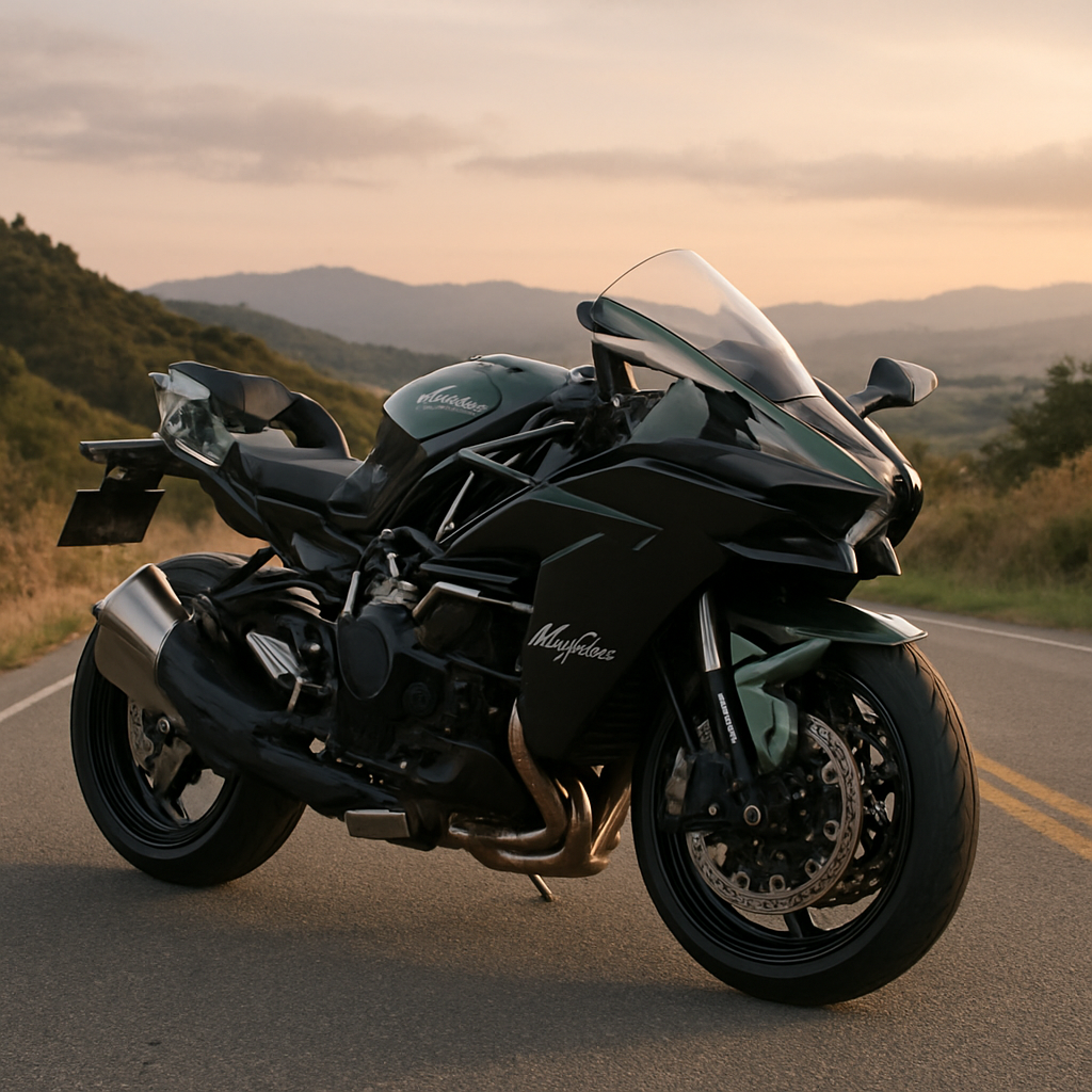 A sleek Kawasaki Ninja H2 motorcycle on a scenic road