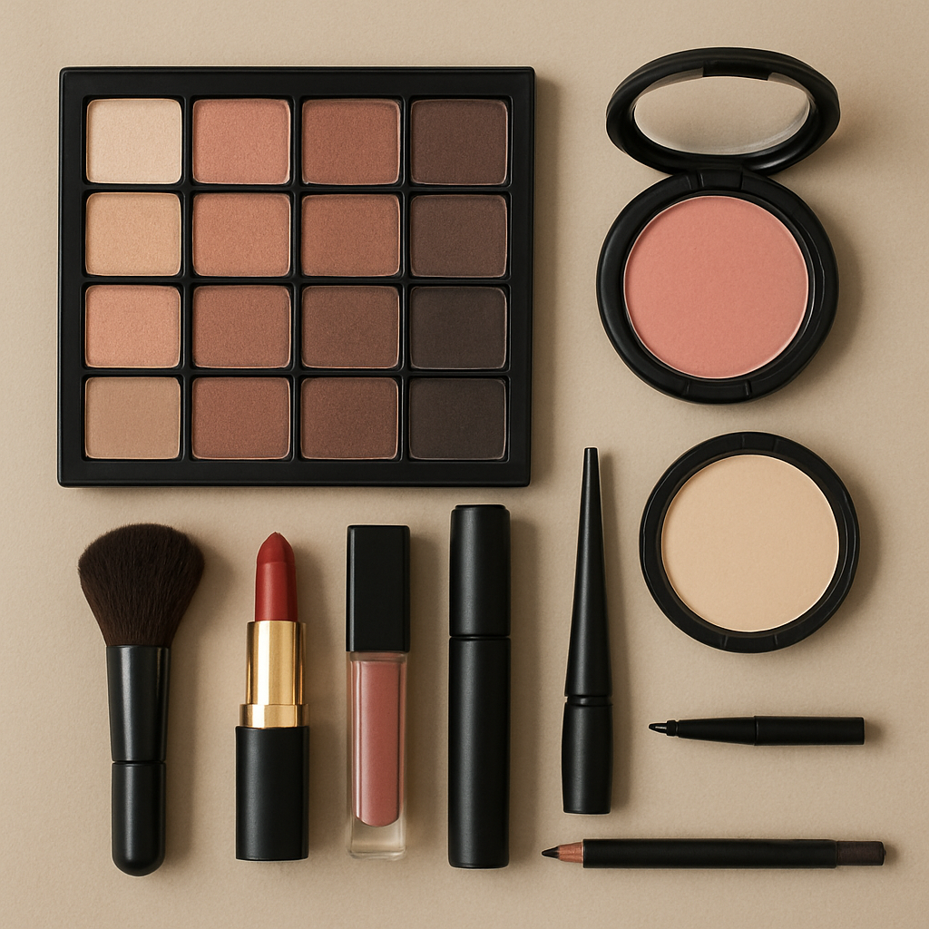 A variety of makeup products neatly arranged