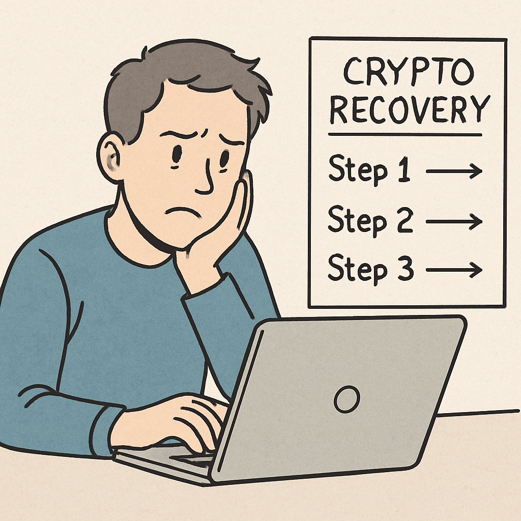 Image of a person looking worried at a computer, planning steps for crypto recovery