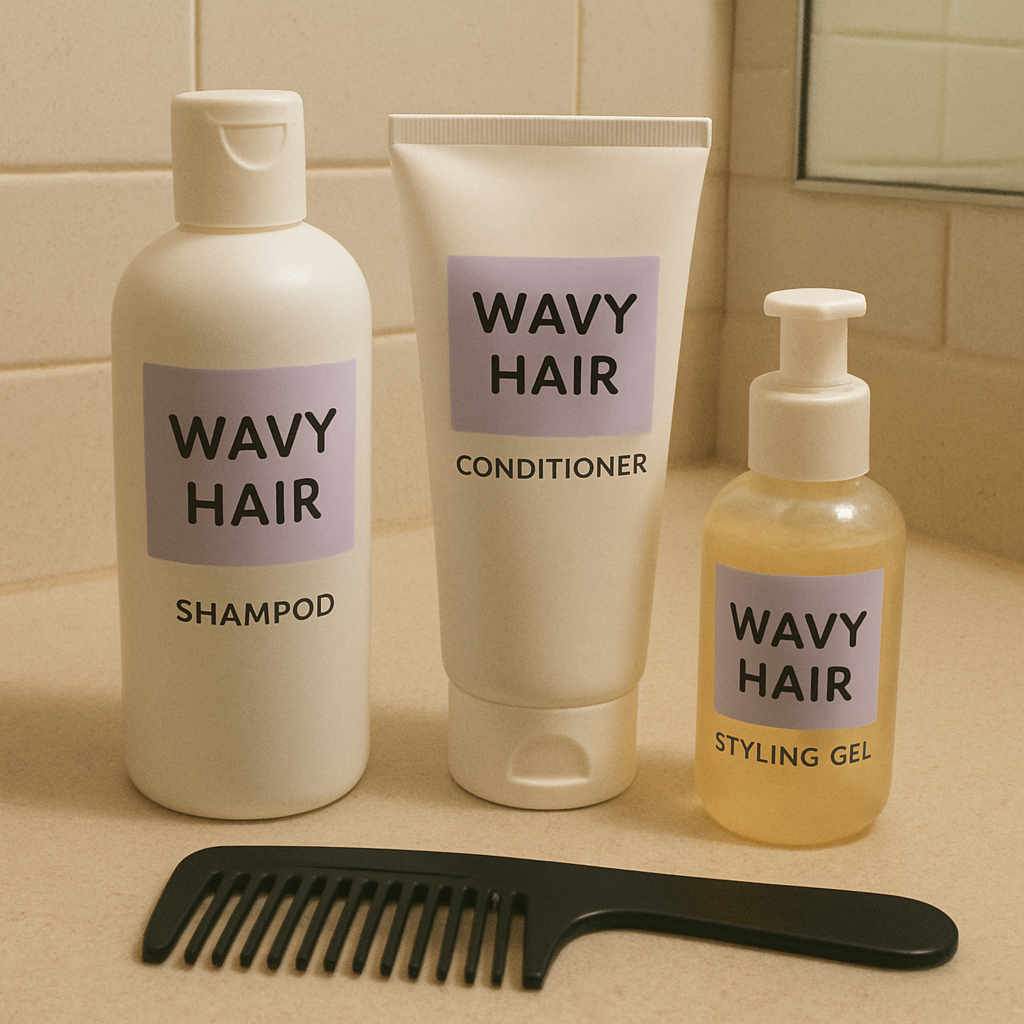 Wavy hair products on a bathroom counter