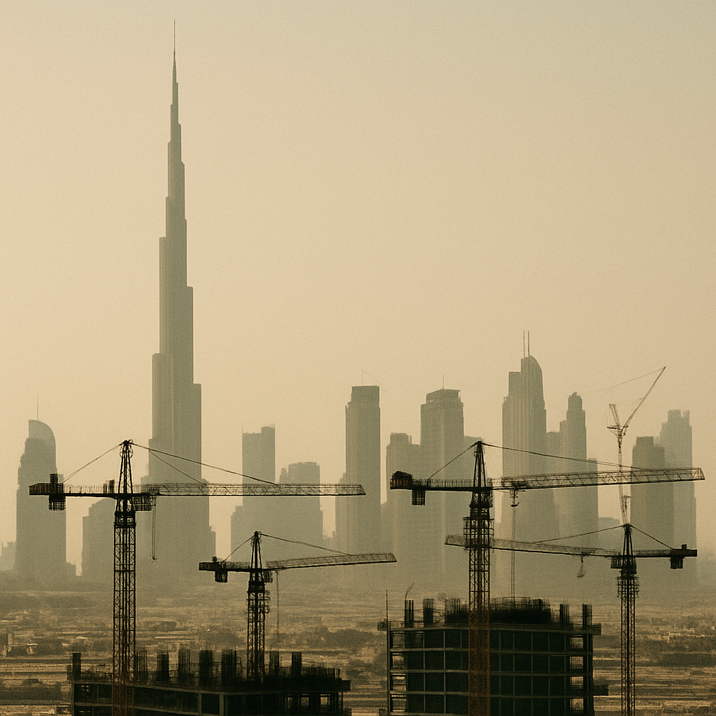 Dubai skyline with construction cranes