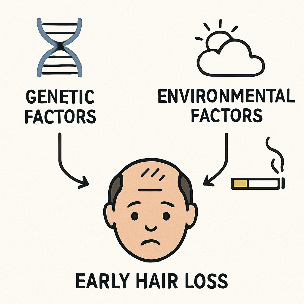 Diagram showing genetic and environmental factors leading to early hair loss