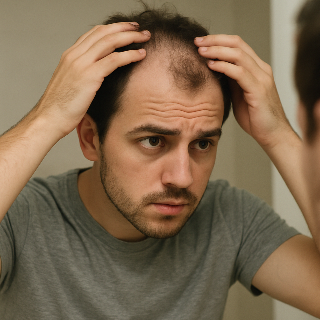 Young man examining his thinning hair in the mirror