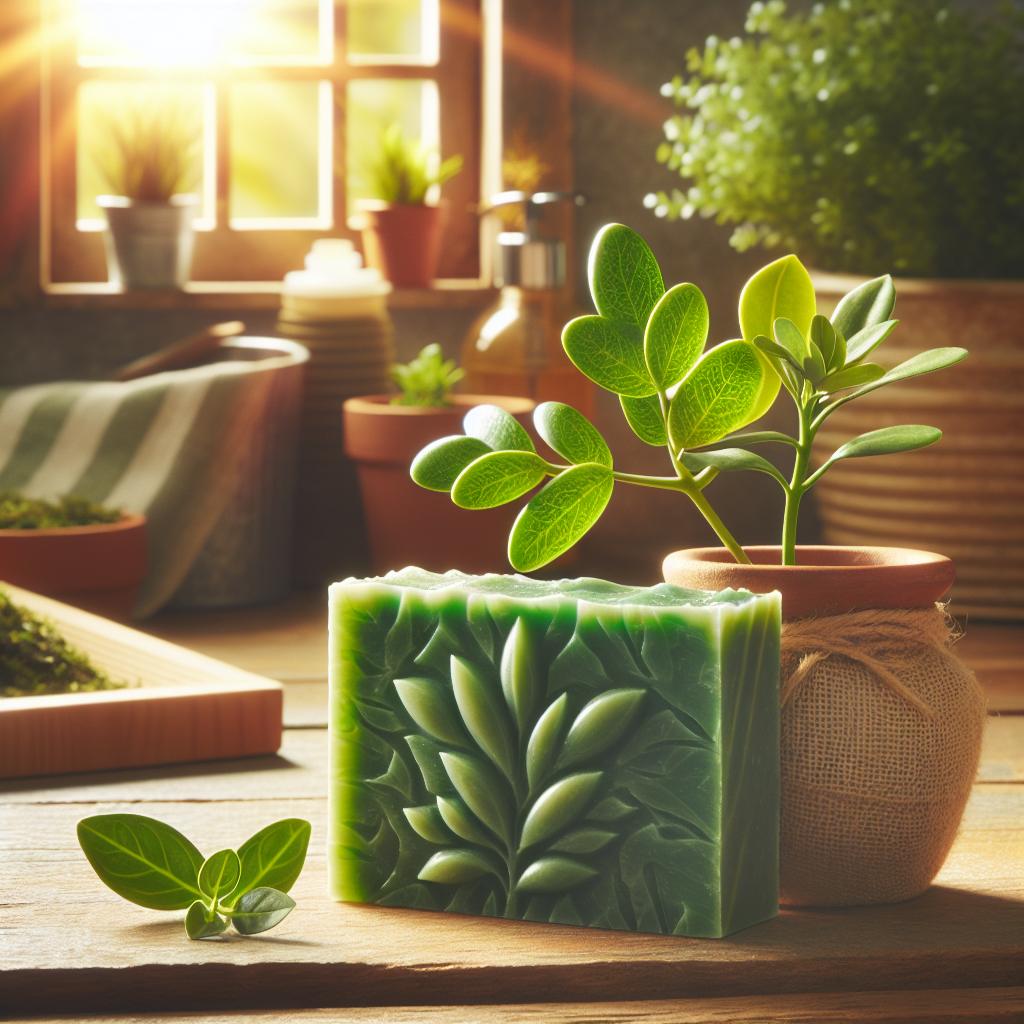A refreshing green soap bar infused with plant-based ingredients, displayed next to a sustainable skincare setup.