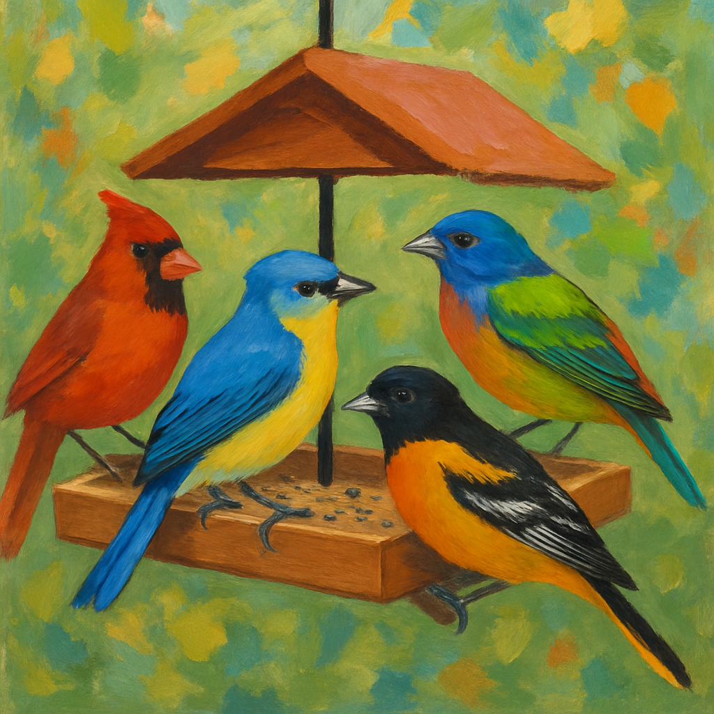 colorful birds on a feeder