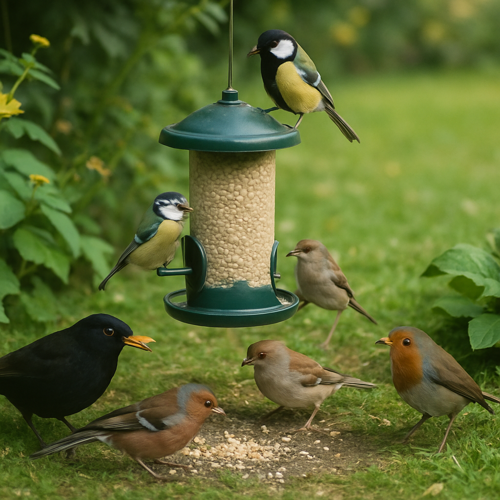 wild birds feeding in a garden