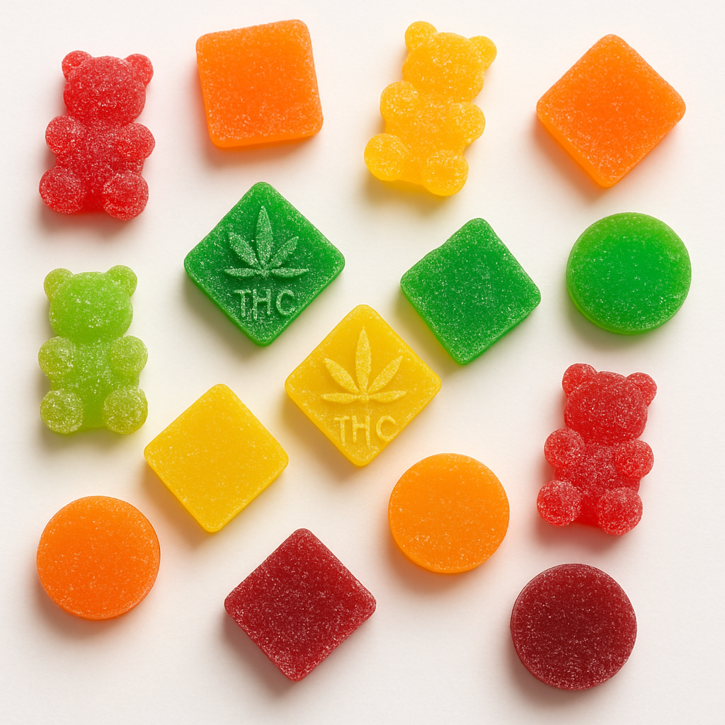 A variety of colorful THC gummies