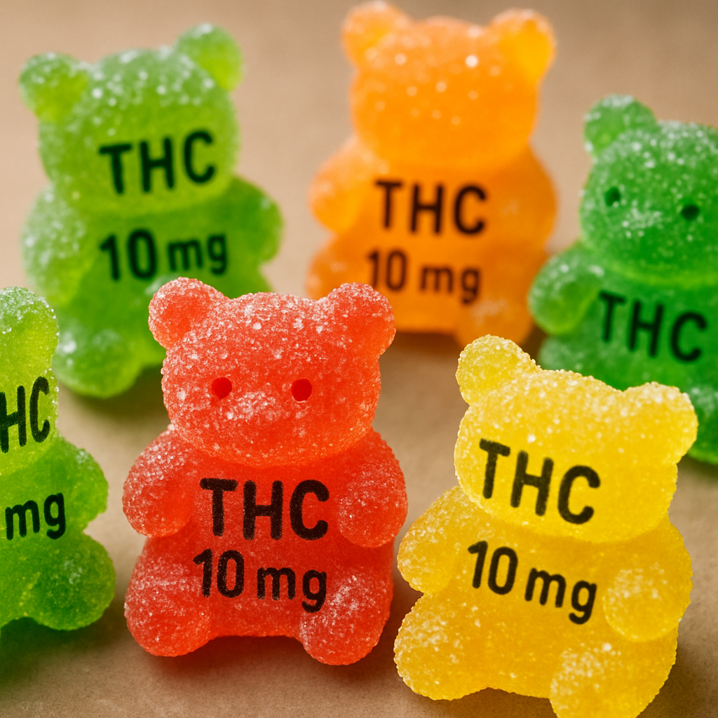 Close-up of gummy bears with labeled THC potency