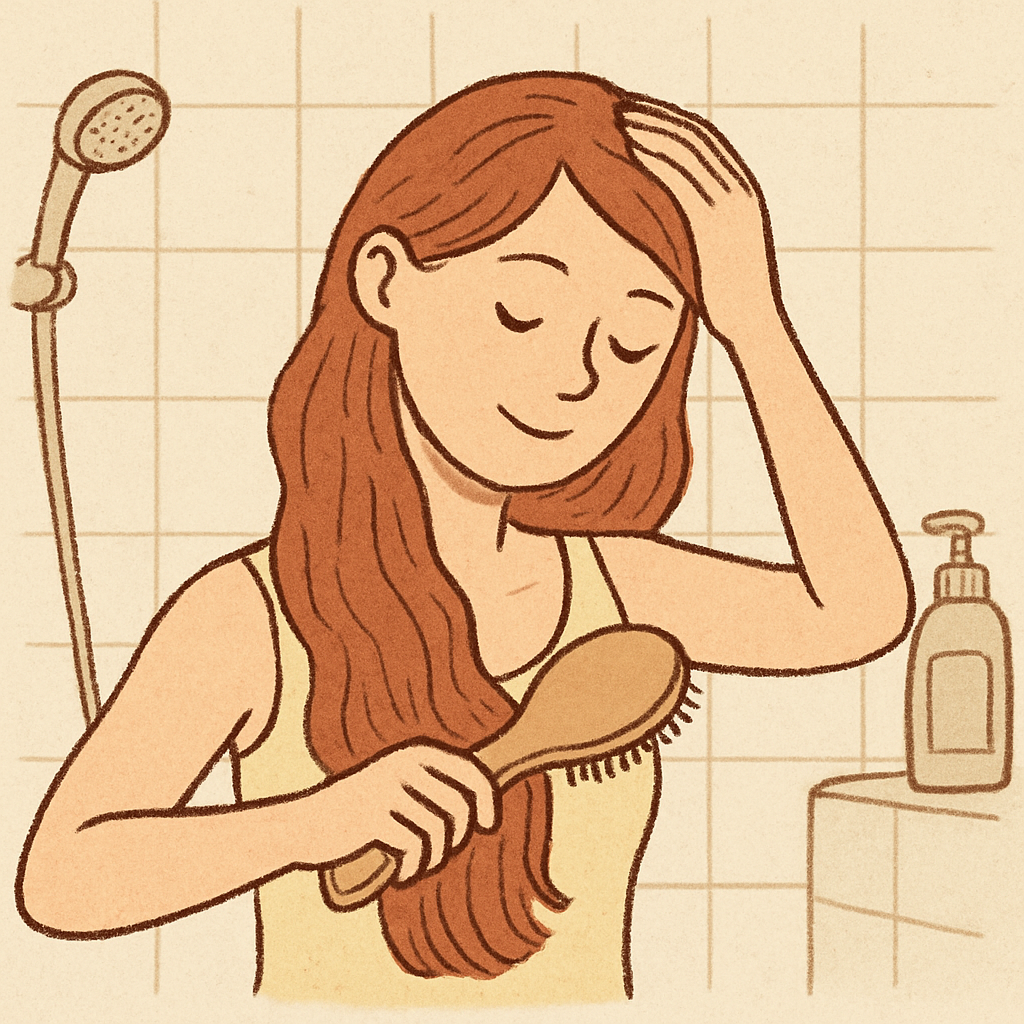 Illustration of person brushing hair before washing
