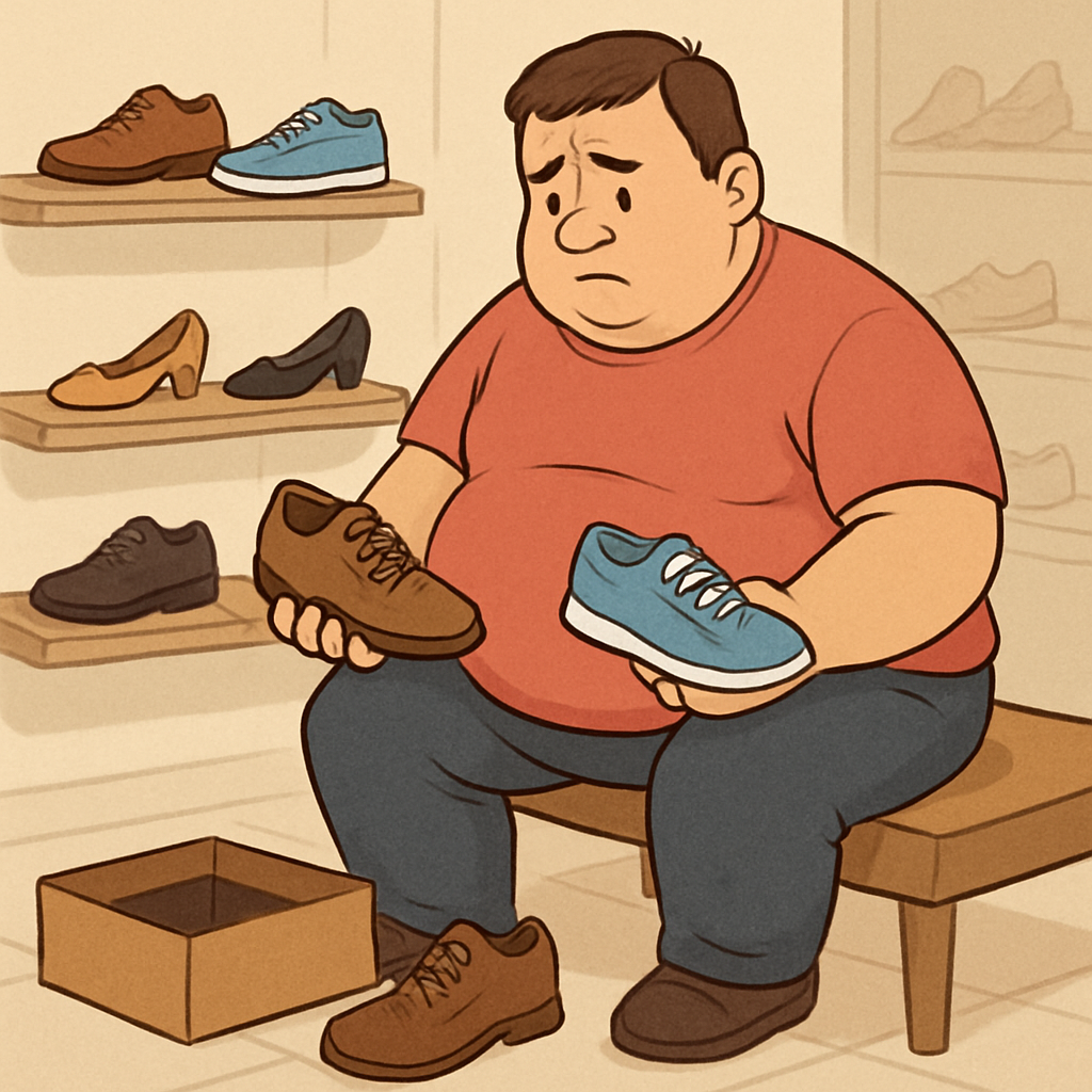 Overweight man choosing shoes