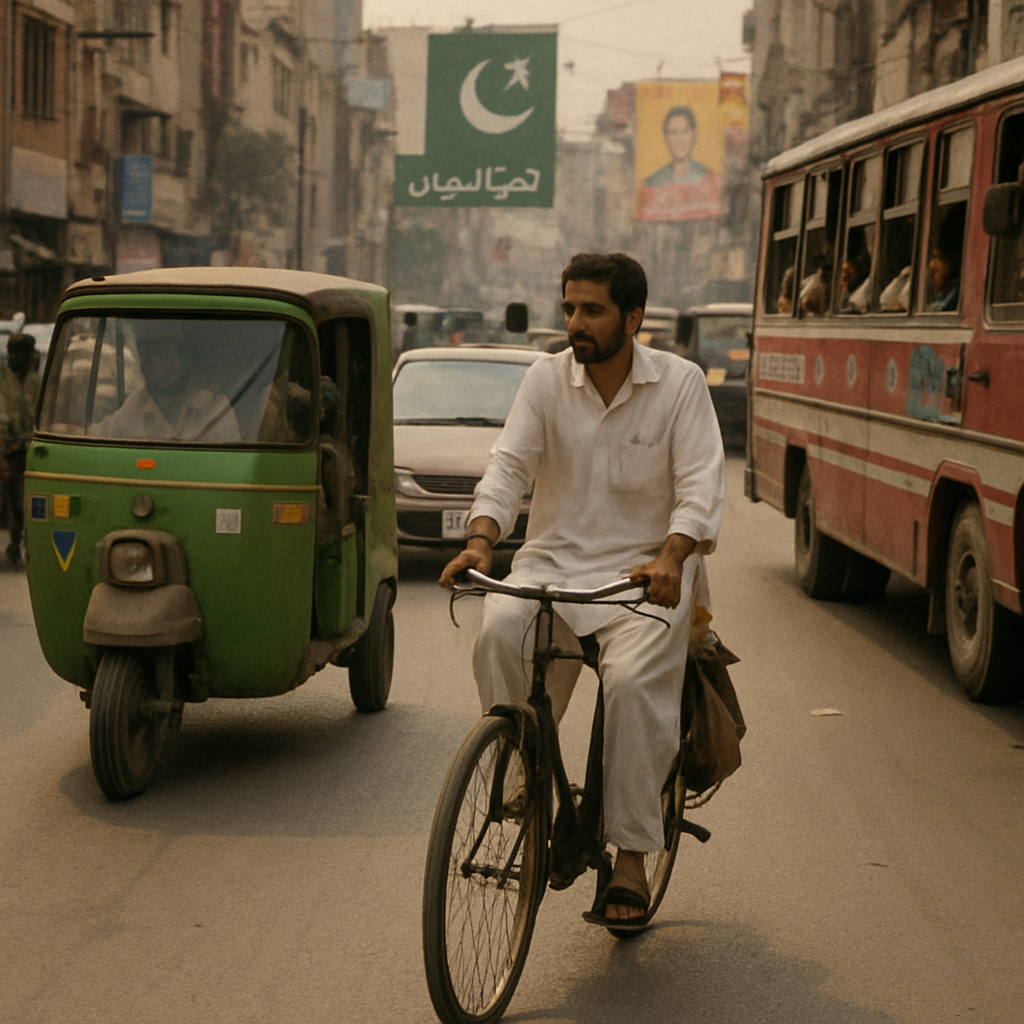 A cyclist riding through a busy city street in Pakistan