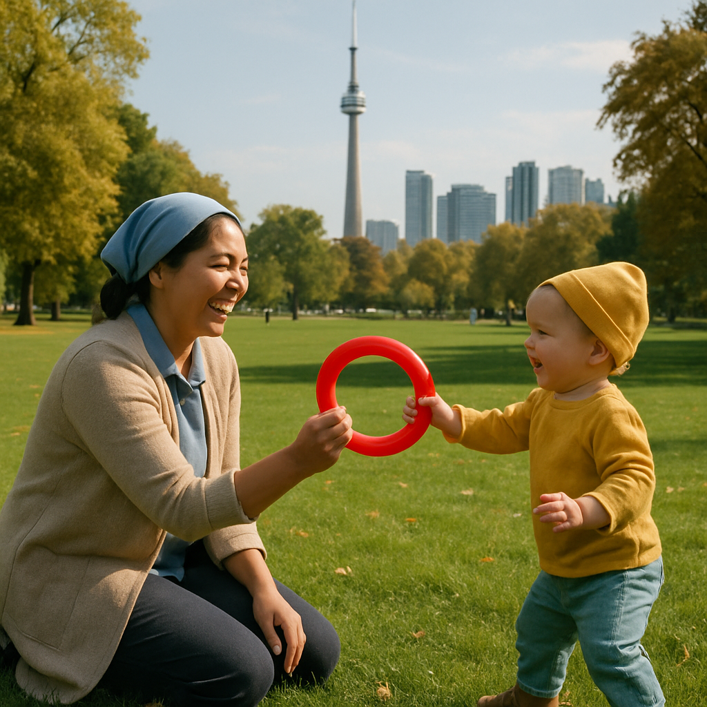 Nanny playing with child in Toronto park