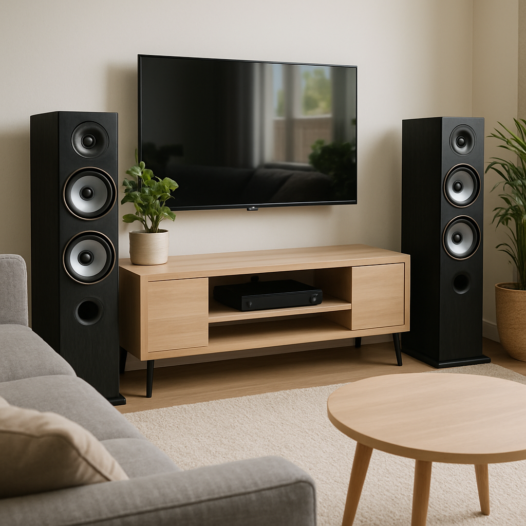 Modern tower speakers in a living room setup