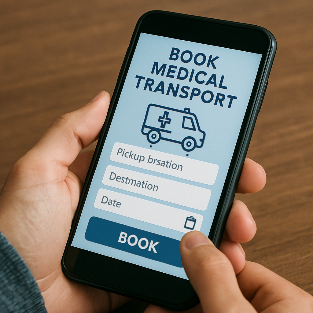 Person using a phone to book a medical transport