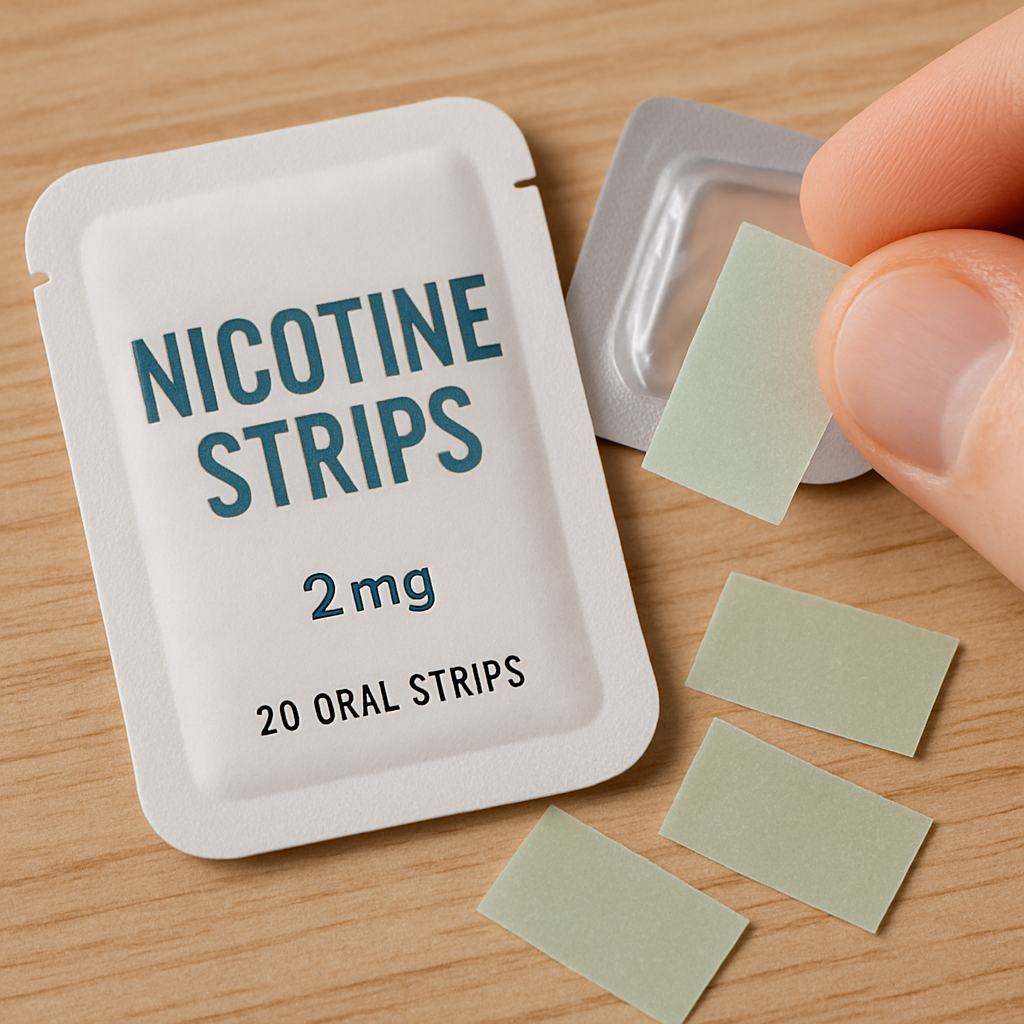Image of nicotine strips in packaging, showing thinness and portability