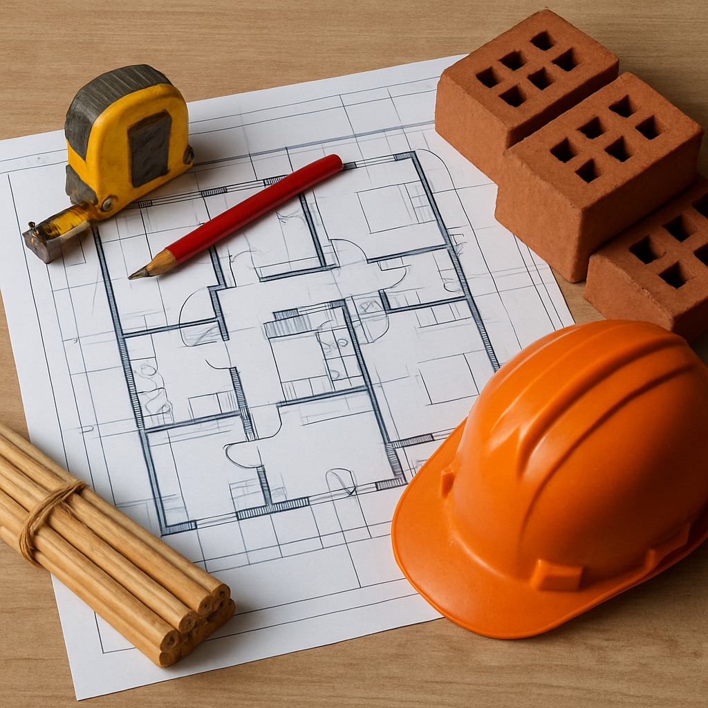 A blueprint and construction materials on a table