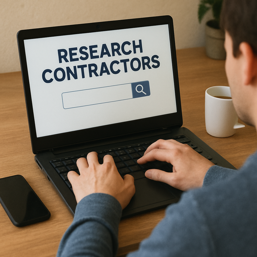 A person using a laptop to research contractors