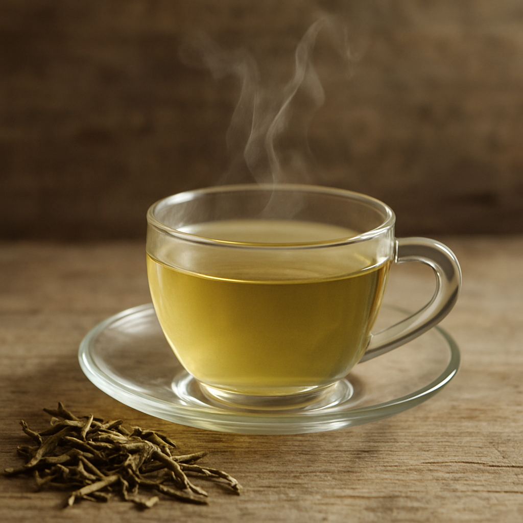 A steaming cup of brewed white tea