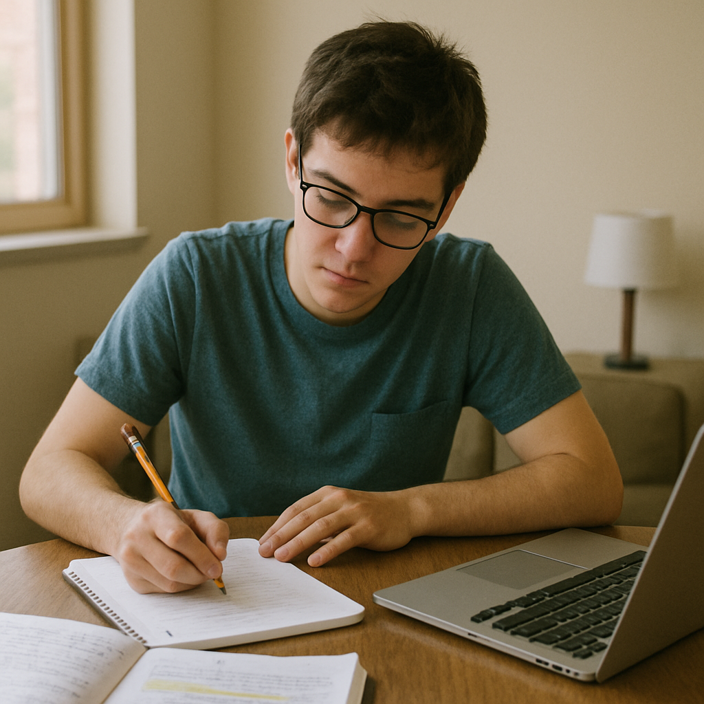 Student studying with notes and a computer