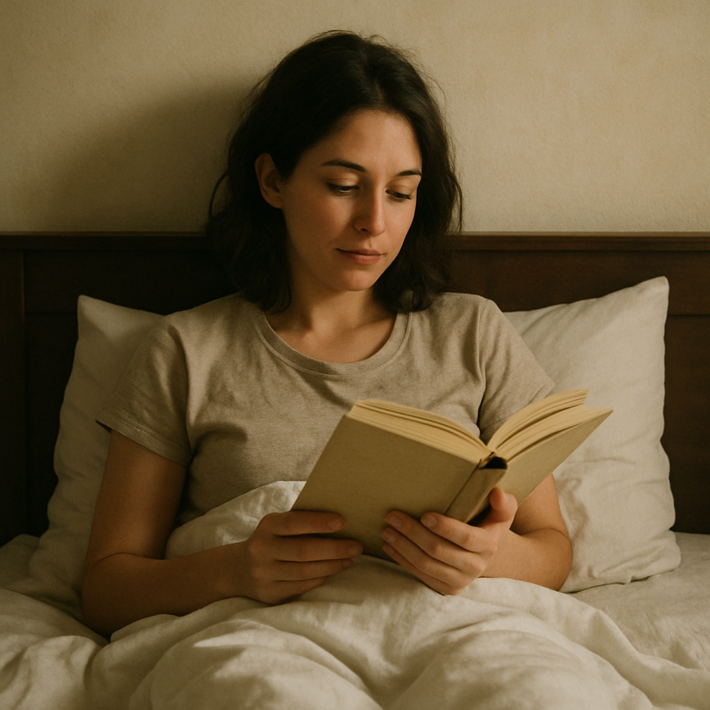 Person reading a book in bed
