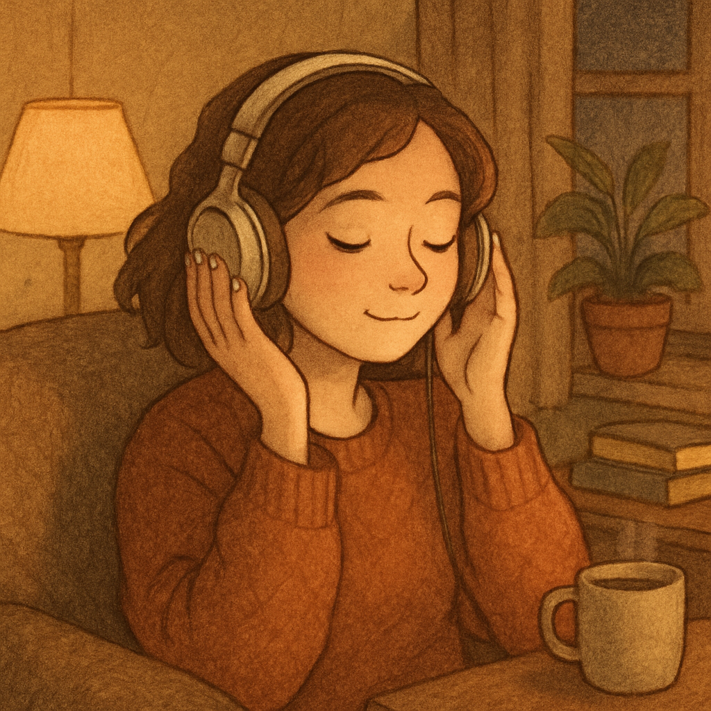 Person listening to headphones in a cozy setting
