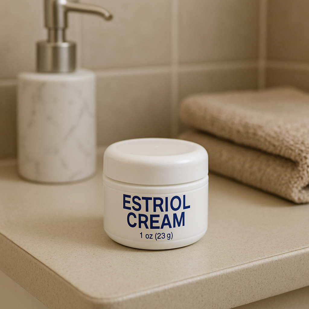 Estriol cream jar on a bathroom counter