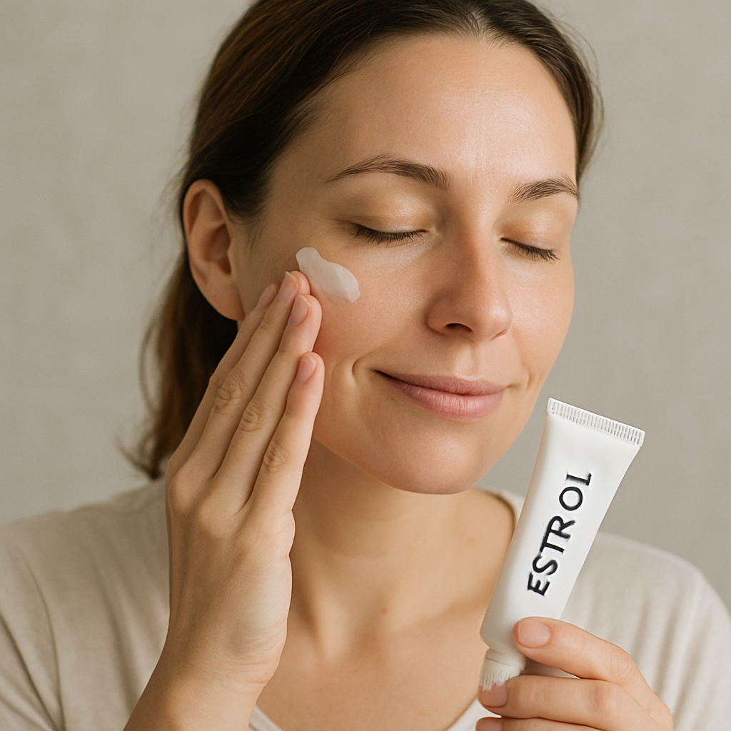 Woman applying estriol cream to her face